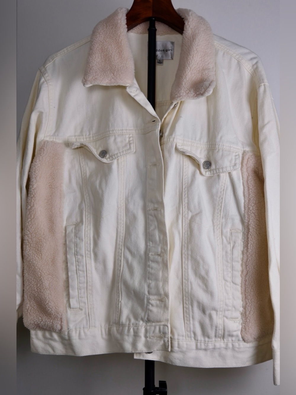 Madden Girl Cream Sherpa Trim Denim Jacket Size Large Cozy Oversized